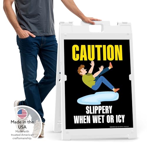 Caution Slippery When Wet Or Icy Folding Floor Sign, 18x24 Inches, Portable A Frame, Made in USA by My Sign Center - size: 18x24 Plastic