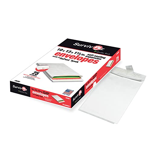 Quality Park Tyvek Envelopes, 25 Pack, Large 10 x 13 Mailers, 2 Inch Expansion, Rip, Puncture & Water Resistant Self Sealing Mailing Bags for Lightweight Shipping, White - size: 10 x 13