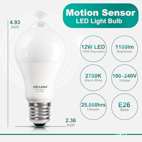 DiCUNO PIR Motion Sensor Light Bulbs, 12W, Warm White 2700K, 2-Pack - color: Warm White 2700k