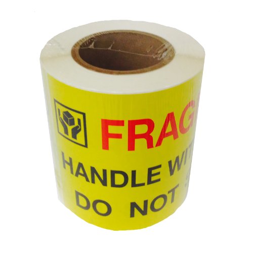 Jumbo Fluorescent Yellow "Fragile Handle with Care Do Not Stack" Pallet Labels, 250 Labels Per Roll - size: large