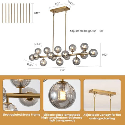Globe Gold Chandelier Smoke Grey Linear Rectangle Modern Chandeliers Glass Pendant Light Fixture Adjustable for Dining Living Room Kitchen Island 55" - color: Grey-55n