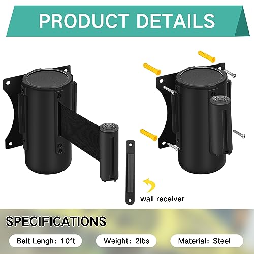 Zonon 2 Pieces Wall Mounted Retractable Belt Barrier Wall Mount Caution Belt with 10 Feet Black Belt Crowd Control Barriers Rope Safety Barriers for Indoor Outdoor Retail Grocery Store Stadium