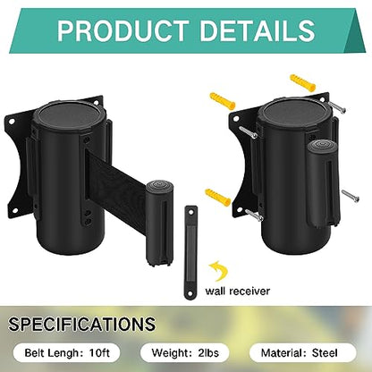 Zonon 2 Pieces Wall Mounted Retractable Belt Barrier Wall Mount Caution Belt with 10 Feet Black Belt Crowd Control Barriers Rope Safety Barriers for Indoor Outdoor Retail Grocery Store Stadium