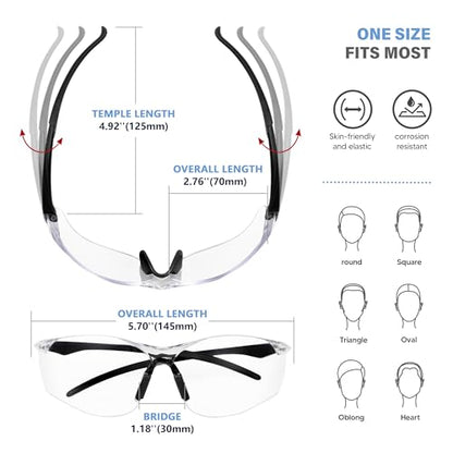 Clear Safety Glasses 6PK, Protective Eyewear UV Protection ANSI Z87.1 Crystal Clear Safety Goggles Scratch Impact Resistant Eye Protection with Soft Nose Pads, Clear Lens Black Temples - color: Clear Lens Black Temples