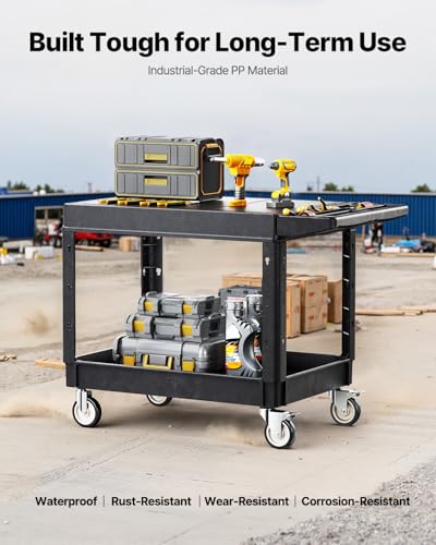 VEVOR Utility Cart, 550 lbs Load Capacity, 37 x 25.4-inch Service Cart, Two-Shelf Heavy Duty Plastic Utility Cart with 360° Swivel Wheels (2 with Brakes), Suitable for Warehouse, Garage, Cleaning - style: 550 LBS-Large