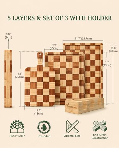 Cutting Board Set of 3 with Holder Checkered Cutting Boards for Kitchen - color: Natural - Set of 3