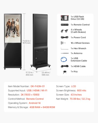 VEVOR 43 in Indoor Digital Signage Floor Standing Advertising Display Kiosk, with WiFi HDMI/USB Input Android OS, 178° Wide View, LCD Screen Interactive Monitor, Mobile Commercial Totem Poster - size: 43"-Non Touchscreen