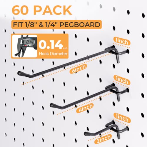 INCLY 60 Pack Pegboard Hooks, 2/4/6 Inch Peg Board Organizer Accessories - color: Black, size: 2/4/6 Inch