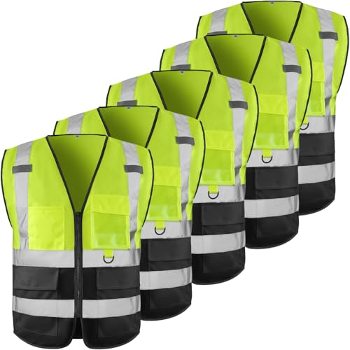 High Visibility Safety Vest for Men ，Class 2 Hi Vis Vest with Pockets, Reflective Vest for Construction Work, Volunteer, Cycling, Yellow Black M 5 Pack - color: Yellow Black, size: Medium