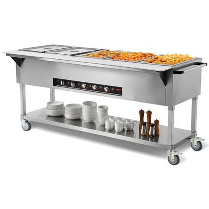 VEVOR 5-Pan Commercial Food Warmer, 5 x 20.6QT Electric Steam Table, 3750W Professional Buffet Catering Food Warmer with 4 Wheels (2 Lockable), Food Grade Stainless Steel Server for Party Restaurant - size: 5-Pan (103 QT)