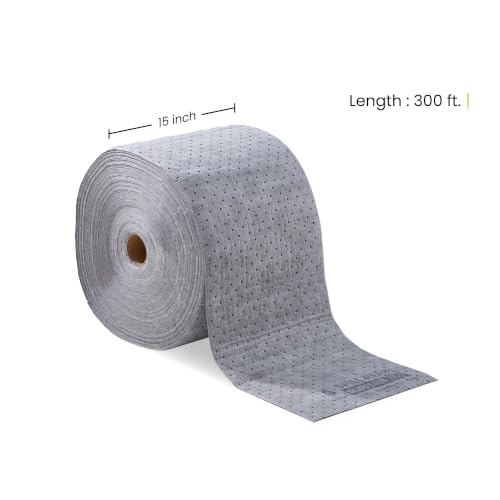 (4 Rolls) Universal Absorbent Pad Roll 15" x 300' - Absorbs Up to 40 gal. per roll, Perforated Industrial Sorbent Mat Roll 2MM for Oil, Coolant & Water - Gray Absorbent Pad for Warehouses - color: 15" x 300' Standard Roll, size: 4
