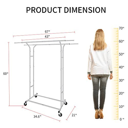 Fishat Silver 60" H Heavy Duty Double Rod Rolling Garment Clothes Rack - color: Chrome