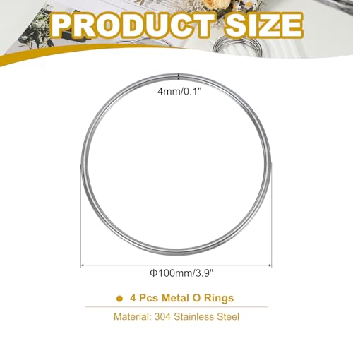 PATIKIL 3.9" Metal O Ring, 4 Pcs Heavy Duty 304 Stainless Steel O Rings Welded Round Rings for DIY Crafts Hardware Belt Dog Leash Macrame, 4x100mm - size: 4x100mm
