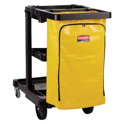 Rubbermaid Commercial Traditional Janitorial 3-Shelf Cleaning Cart, Wheeled with Zippered Yellow Vinyl Bag, for Business/School/Office/Janatorial Cleaning - style: Open Sided - Black