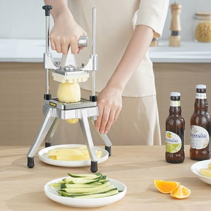 VEVOR Commercial Vegetable Fruit Chopper, Stainless Steel French Fry Cutter w/ 4 Blades 1/4" 3/8" 1/2", Vegetable Chopper Dicer w/Stainless Bowl, Heavy Duty Cutter for Potato Tomato Onion Mushroom - size: 1/4" + 3/8" + 1/2" + 6-Wedge Slicer