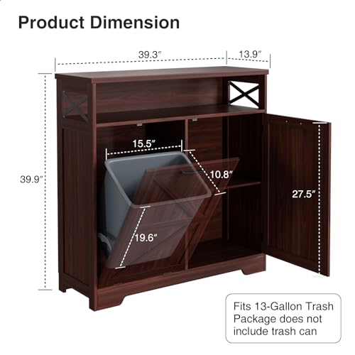 Tilt Out Trash Can Cabinet for 13 * 1 Gallon Trash Can, Farmhouse Kitchen Island Cabinet with Adjustable Shelf for Hidden Laundry Basket, Dog Proof Garbage Can for Dining Living Room, Dark Brown - color: Dark Brown, size: 1 x13 Gallons