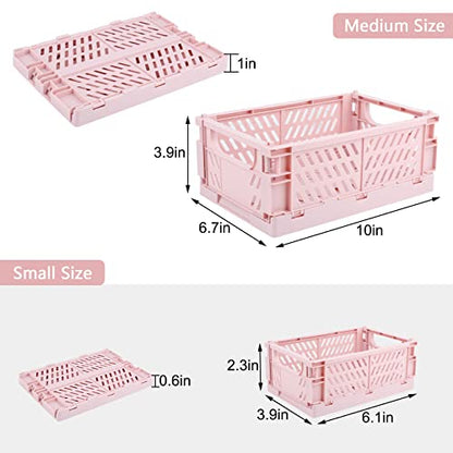 4 Pack Collapsible Small Storage Bins and Baskets, Desk and Locker Organizer Bins, 2 Medium + 2 Small Foldable Plastic Crates for Classroom, Craft and Bathroom(Pink) - color: Pink