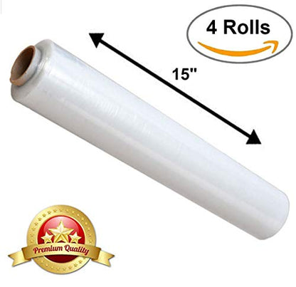 APQ 4 Rolls of Blown Hand Stretch Film 15" x 1500'. Clear Hand Stretch Wrap, 80 Gauge. Tear Resistant Residue Free Film for Moving, Shipping, Wrapping. Industrial Grade Pallet Shrink Wrap Film. - size: 15" x 1500'