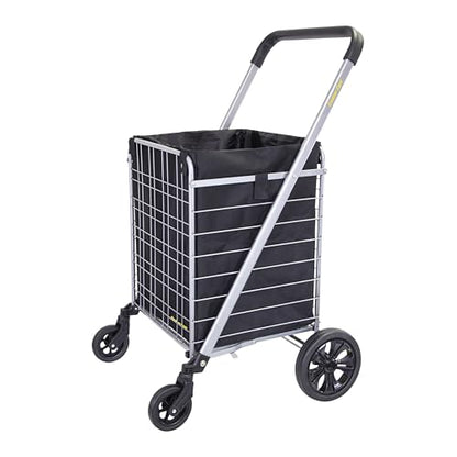 dbest Products Cruiser Cart Deluxe 2 with Liner Bag Bundle Shopping Grocery Rolling Folding Laundry Basket on Wheels Foldable Utility Trolley Compact Lightweight Collapsible - color: Silver, style: Deluxe 2 Bundle