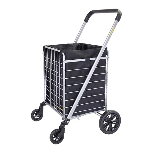 dbest Products Cruiser Cart Deluxe 2 with Liner Bag Bundle Shopping Grocery Rolling Folding Laundry Basket on Wheels Foldable Utility Trolley Compact Lightweight Collapsible - color: Silver, style: Deluxe 2 Bundle