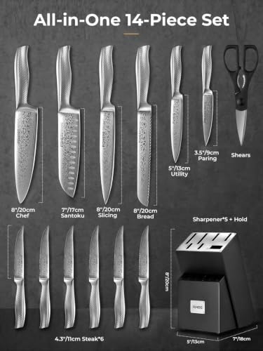 Knife Set, FOHERE 14 Pieces Kitchen Knife Set with Built-in 5 x Sharpeners, Waved Texture Knife Set with Block, Stainless Steel Knife Block Set, Sharp Knives Set with Ergonomic Handle - size: 14