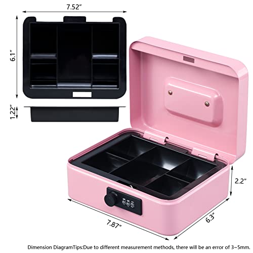 KYODOLED Medium Cash Box with Combination Lock Safe Metal Money Box with Money Tray for Security Lock Box 7.87x 6.30x 3.54Inch Pink Medium - color: Pink (Pack of 1), size: Medium