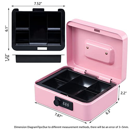 KYODOLED Medium Cash Box with Combination Lock Safe Metal Money Box with Money Tray for Security Lock Box 7.87x 6.30x 3.54Inch Pink Medium - color: Pink (Pack of 1), size: Medium