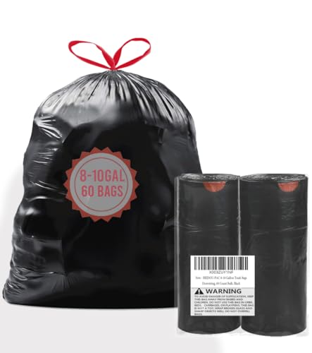 BEIDOU-PAC 8-10 Gallon Trash Bags Drawstring, 60 Count Bulk, Black & Unscented Multi-purpose Garbage Bags for Business Home Bathroom Kitchen Commercial and Industrial - style: 8-10 Gallon |60 Count