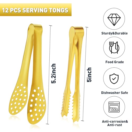 JCREN 12 Pack Mini Tongs - Small Stainless Steel Food Tongs for Serving Appetizers, Tea Party, Coffee, Desserts - 5 inch - Gold - color: Gold - 5 Inch