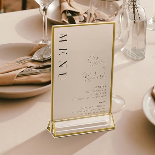 UNIQOOO Acrylic Sign Holders with Golden Border, Portrait View, Pack of 12 | 4x6 Inches Double Sided Clear Frame, Perfect for Wedding reception, Centerpiece, Decoration, Party,Anniversary, Event - size: 4x6",12Pack