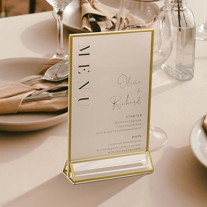 UNIQOOO Acrylic Sign Holders with Golden Border, Portrait View, Pack of 12 | 4x6 Inches Double Sided Clear Frame, Perfect for Wedding reception, Centerpiece, Decoration, Party,Anniversary, Event - size: 4x6",12Pack
