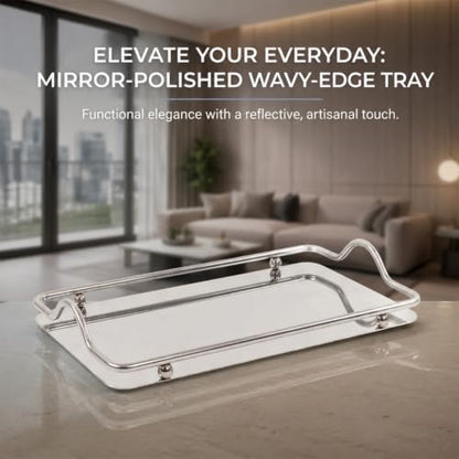 Stainless Steel Rectangle Tray, Bathroom Clutter Serving Platter with Handles for Jewelry, Perfume, Vanity, Serving, Reflective Finish