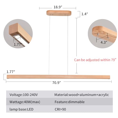 YISDESIGN 71" 40W Wood Linear Pendant Light Fixture Led Dining Room Light Dimmable Hanging Light Fixture for Kitchen Island Dining Room Pool Table Lights Natural - color: Natural, size: 71in