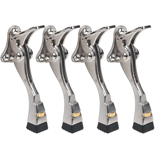 4 Packs Heavy Duty Kickdown Door Stopper, One Touch Adjustable Kickdown Door Stop for Heavy Doors, 4 in Metal Door Kickstand with Rubber Tip & Wall Protectors for Wide Doors - color: Satin Nickel, size: 4 inch x 4pack