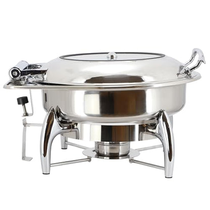 MegaChef 6.3 Quart Round Stainless Steel Professional Chafing Dish/Food Warmer/Buffet Server Serving Trays w/Window & Hinged Lid for Entertaining, Catering, Large Gatherings (6.3 Qt. w/Window) - size: 6.3 Qt. w/ Window