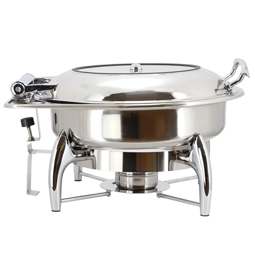 MegaChef 6.3 Quart Round Stainless Steel Professional Chafing Dish/Food Warmer/Buffet Server Serving Trays w/Window & Hinged Lid for Entertaining, Catering, Large Gatherings (6.3 Qt. w/Window) - size: 6.3 Qt. w/ Window