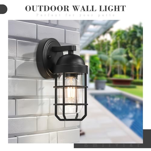 Emliviar Farmhouse Outdoor Wall Light, 2 Pack Wall Light Fixtures with Clear Tempered Glass, Black Finish, GE255B-2PK BK - color: Black - Clear Tempered Glass, size: 9.4 Inch