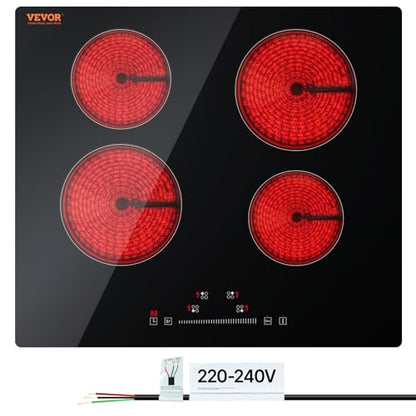 VEVOR LT4-77 Built in Electric Ceramic 23.2 x 20.5 inch Stove Top, 240V Glass Radiant Cooktop with Touch Control, Timer & Child Lock, 9 Power Levels for Simmer Steam Slow Cook Fry, 24IN 4-Burners - size: 24 IN-4 Burner+Touch Control