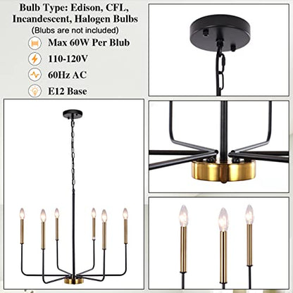 Modern Farmhouse Chandelier for Dining Room, 6 Lights Chandelier Light Fixture Adjustable Height, Black and Gold Hanging Candle Pendant Lighting for Kitchen Island Living Room Bedroom Foyer - color: 6 Light-Black Gold