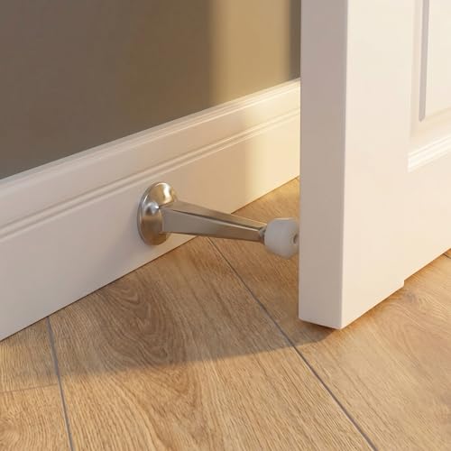 Premium Heavy Duty Door Stoppers for Bottom of Door, Solid Metal Baseboard Mounted Door Stop, Screw-in Baseboard Door Stops for Wall Protection 3" (Satin Nickel, 4 Pack) - color: Satin Nickel, size: 4 Pack