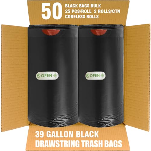 BEIDOU-PAC 39 Gallon Lawn & Leaf Trash Bags Drawstring, 50 Count, Heavy Duty Black & Unscented Plastic Bags, Multi-purpose Garbage Bags for Home Commercial, Outdoor, Construction, Industrial - style: 39 Gallon |50 Count