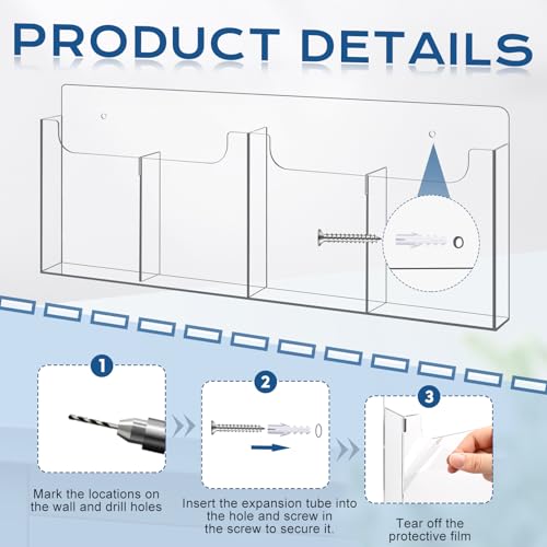 Sherr 1 Pcs Acrylic Brochure Holder Wall Mount with Removable Adjustable Dividers, 4/2 Pockets Large Capacity Literature Display Stand for 4''x 9'', 8.5''x11'' Pamphlets, 17.9'' x 7'' for Office Hotel - size: 17.9'' x 7''