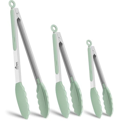 HOTEC Stainless Steel Kitchen Tongs with Silicone Tips, Set of 3-7",9" &12" - color: Light Green:12+9+7inch