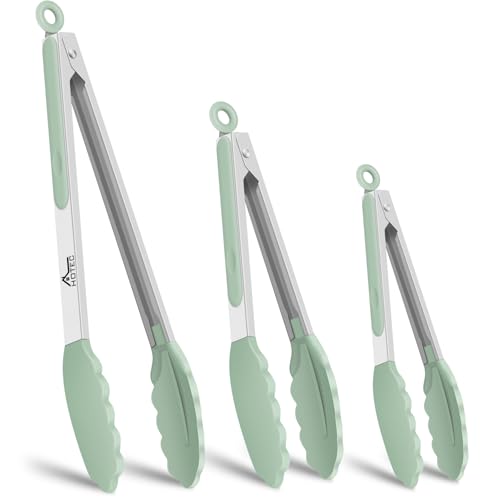 HOTEC Stainless Steel Kitchen Tongs with Silicone Tips, Set of 3-7",9" &12" - color: Light Green:12+9+7inch