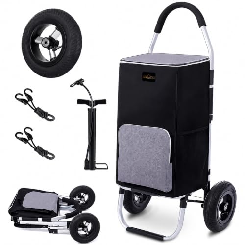 Premium Foldable Grocery Shopping Cart | Tall & Durable | Smooth-Rolling Wheels | All-Terrain (Black and Gray, 22cm Inflatble Rubber Wheels, Inflating Rubber Wheels with Insulation Bags) - color: Black and Gray, size: 22cm Inflatble Rubber Wheels