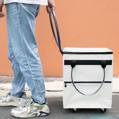 Small Beige Reusable Grocery Bag on Wheels, Folding Rolling Tote - color: Beige, size: Small