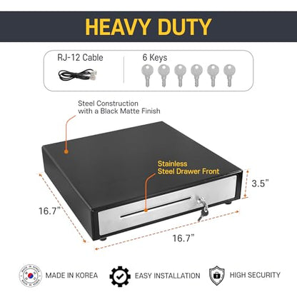 HK SYSTEMS BSM 16inch Cash Drawer for POS, No Logo, Black, DC 24V/Micro Switch, RJ12, 1slot, Removable and Adjustable cash tray 5-bill/5-coin Metal wire gripper, 6Keys #135, Stainless Steel front - size: 1. POS CASH DRAWER
