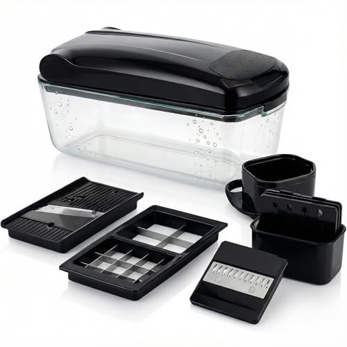 Le'raze 13-in-1 Vegetable Chopper Pro with Glass Container, Stainless Steel Blades, BPA-Free, Mandoline Slicer, Manual