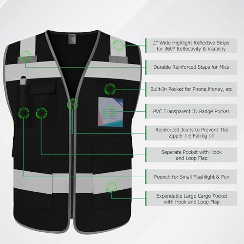 TCCFCCT Construction Vest 5 Pockets Reflective Safety Vest, Black S - color: Lion 01-fabric-black, size: Small