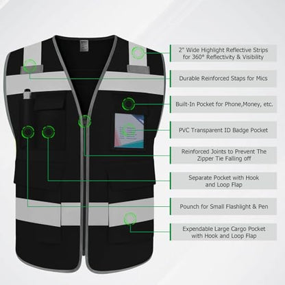TCCFCCT Construction Vest 5 Pockets Reflective Safety Vest, Black S - color: Lion 01-fabric-black, size: Small